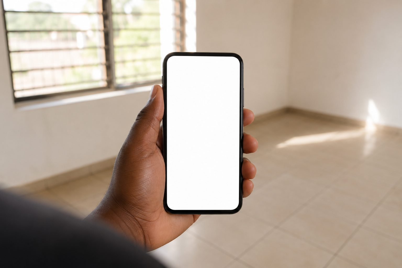 A hand holding a phone showing a measured floor plan of a room